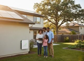 Happy Couple Reviewing Energy Savings on Tablet with Solar Panels