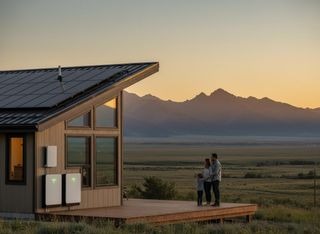 Couple with Home Solar Battery and Mountain View