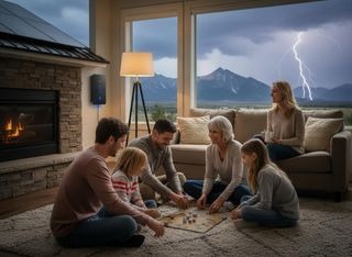 Family playing board game indoors during a thunderstorm.