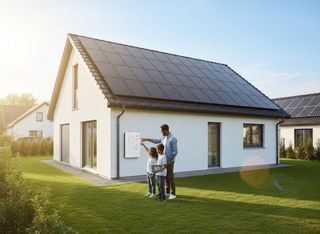 Family in Front of House with Solar Panels