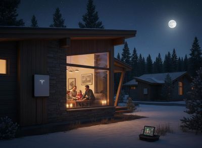 Family enjoying a warm, modern home powered by Tesla Powerwall on a snowy winter night