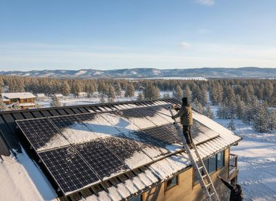 Man Cleaning Snow from Solar Panels on House Roof in Winter