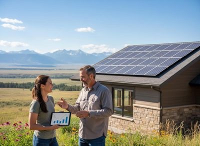 Couple reviewing solar panel performance on a tablet at their home