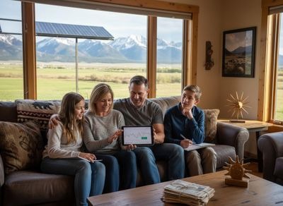 Family reviewing home energy data with solar panels outside