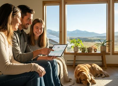 Family reviews data on tablet in sunny home with mountain view