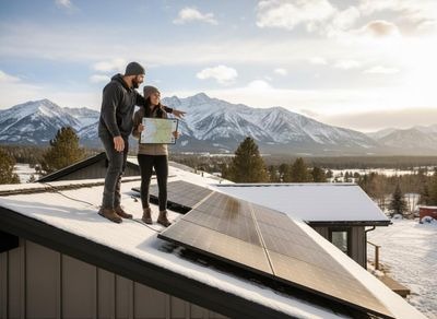 Couple on snowy roof with solar panels looking at map