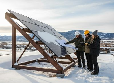 Engineers Inspecting Solar Panels in Winter