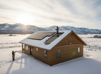 Clearing Snow from Solar Panels on a Winter House