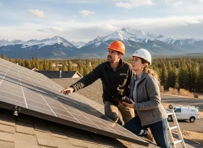 Solar Energy Professionals on a Roof with Mountain View