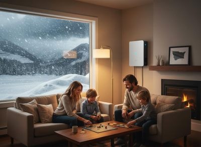 Family Game Night in Cozy Home with Energy Storage During Winter Snow