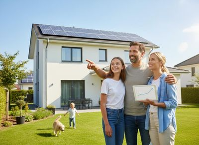 Family in Front of Solar Panel Home