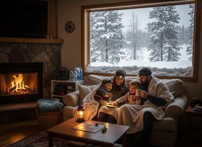 Family enjoying a cozy night with headlamps by the fireplace during a snowstorm