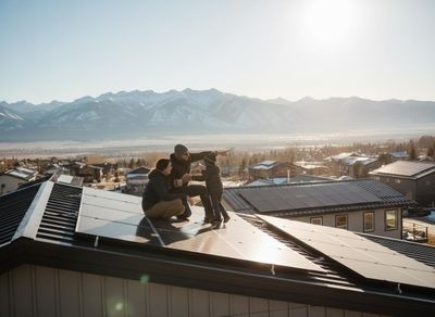 Family on a solar-paneled roof overlooking snowy mountains