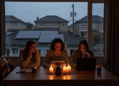 Three women use electronic devices by candlelight during a power outage