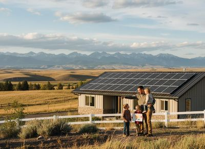 Family and Home with Solar Panels in a Mountain Landscape