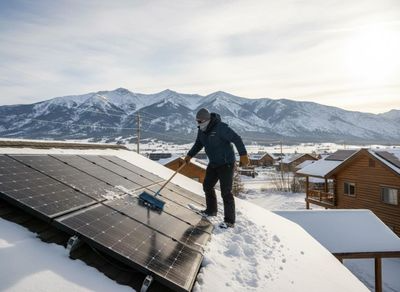 Man sweeping snow off rooftop solar panels in winter