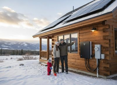 Family by Solar-Powered Cabin with Tesla Powerwall