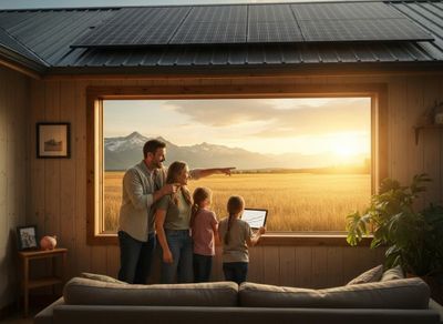 Family viewing scenic sunset from solar-powered home