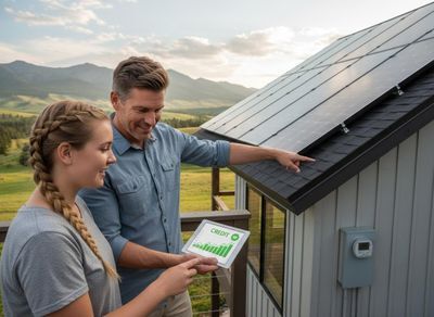 Man and woman reviewing credit on tablet next to solar-paneled house