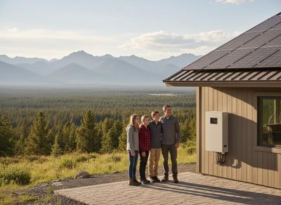 Family at Solar-Powered Home with Mountain View