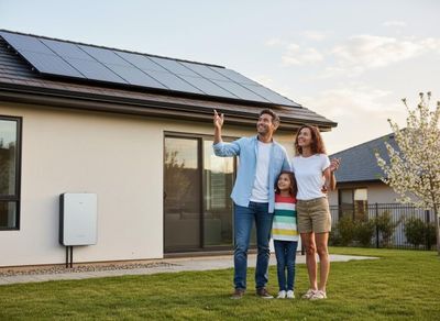 Happy Family with Solar Powered Home and Battery Storage