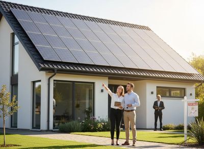 Couple admiring a house with solar panels for sale