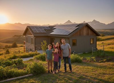 Family with Solar Panel Home at Sunset in Mountains