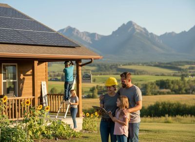 Family Reviewing Solar Panel Installation on Rural Home