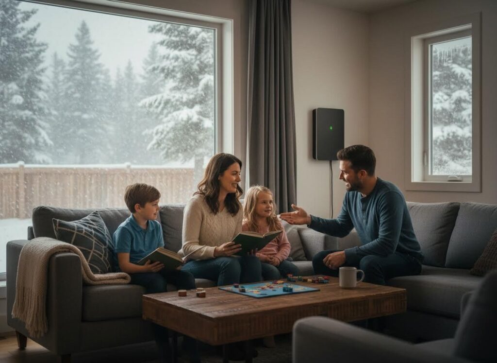 Family enjoying a cozy winter day indoors