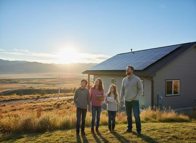Family with solar panel home overlooking a sunny landscape