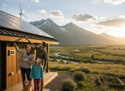 Family looking at solar panels and wind turbine on eco-friendly home