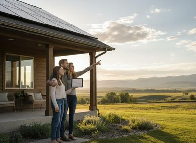 Family on porch of solar-powered home