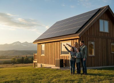 Family with solar-paneled home in a scenic landscape