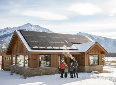 Family and solar-powered home in snowy mountain landscape