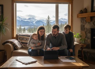 Family looking at a tablet in a cozy living room with a mountain view
