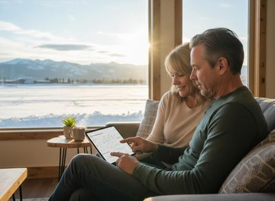 Couple reviewing financial data on a tablet in a cozy home overlooking a snowy landscape