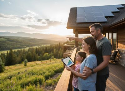 Family on balcony of solar-powered home overlooking sunset mountains