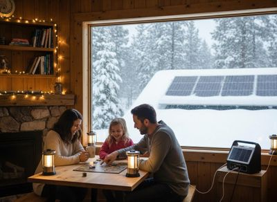 Family playing board game in cozy cabin with solar power