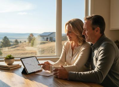 Couple looking at a tablet with investment data by a window