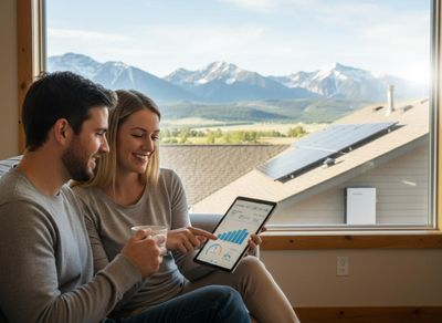 Couple monitoring home energy with solar panels and mountain view