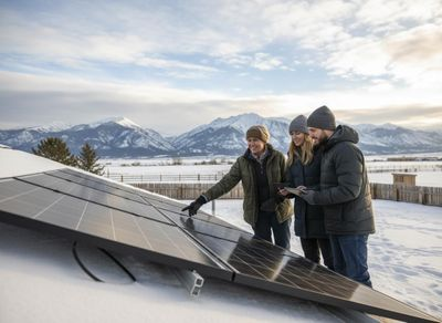 People examining solar panels in a snowy mountain landscape