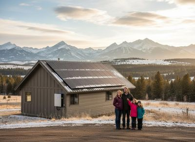 Family with solar-powered home in snowy mountains