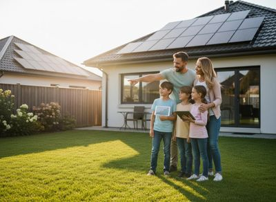Family with solar-powered homes in backyard