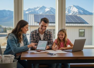 Family reviewing solar energy savings at home