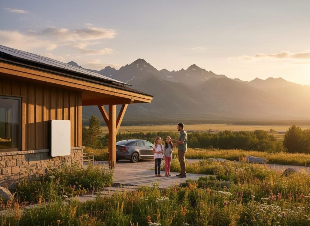A man explains the solar energy system and battery storage to a boy and girl on a mountain home deck, with a scenic view.