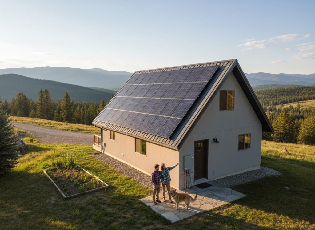 A couple and their golden retriever stand on the patio of a modern house with a full solar panel roof, set against a mountain backdrop.