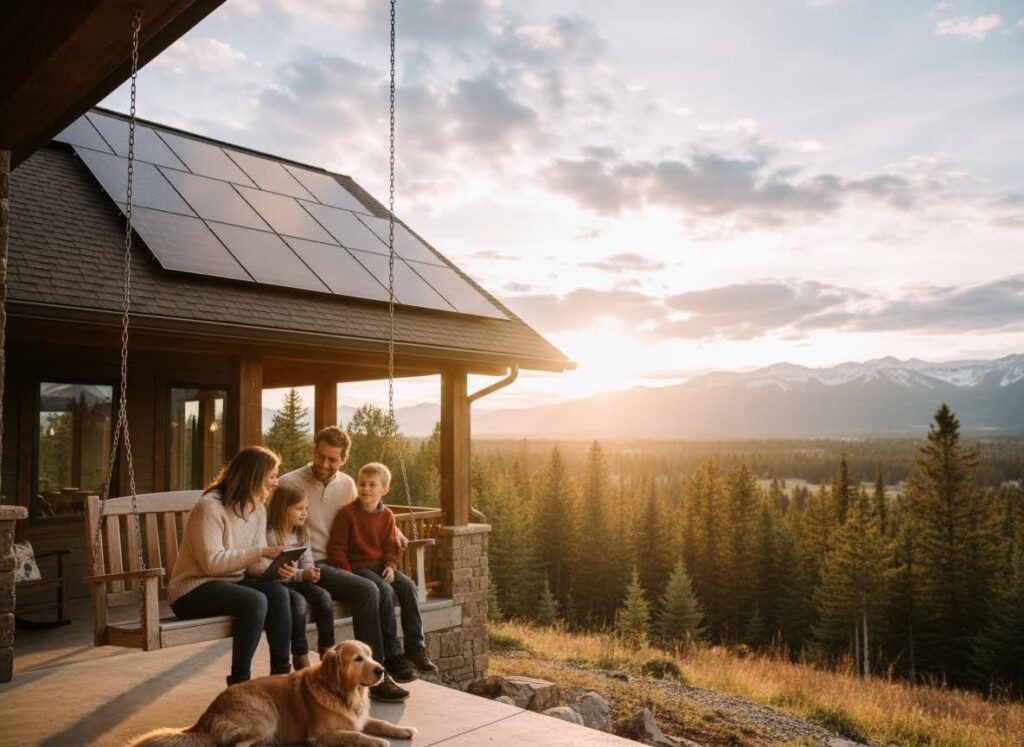 A family and their dog on a porch swing of a solar-powered home, overlooking a forest and mountains at sunset.