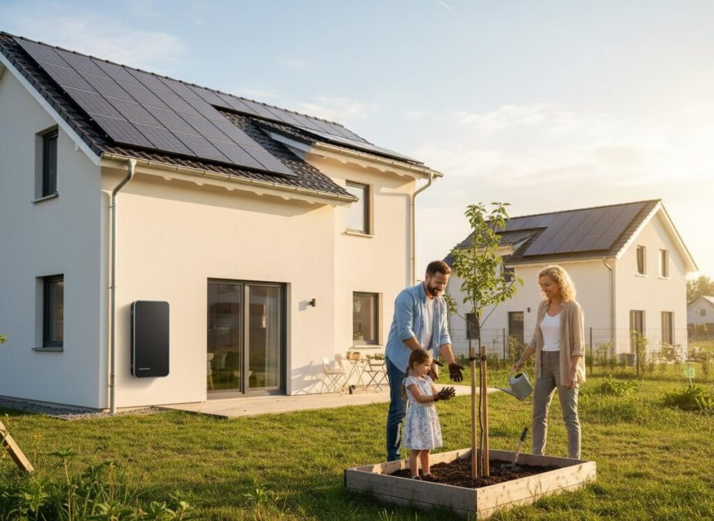 A family plants a tree in their garden, featuring a modern home with solar panels and a wall-mounted energy storage unit, emphasizing sustainable living.