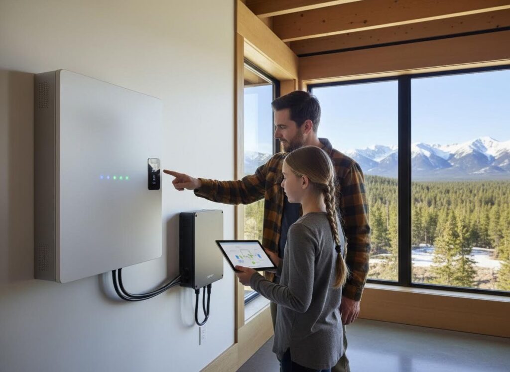 A man points to a home energy battery system while a girl holds a tablet with energy data, overlooking snowy mountains and a forest.