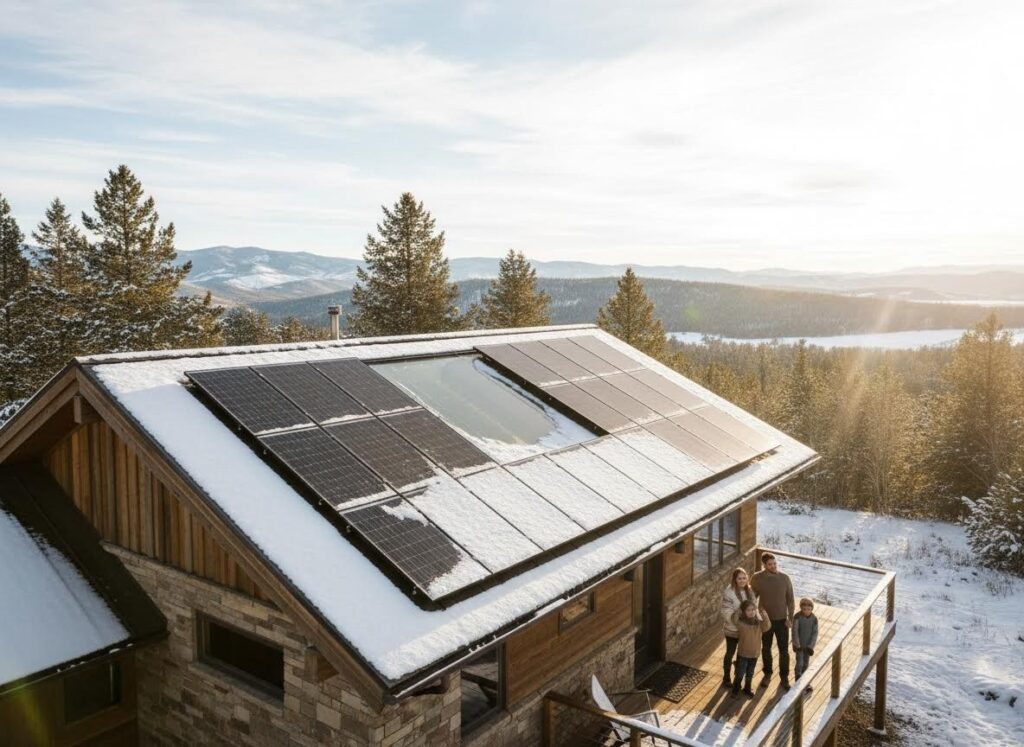 Modern home with solar panels on a snow-dusted roof. A family enjoys the deck with a scenic winter mountain and forest background.